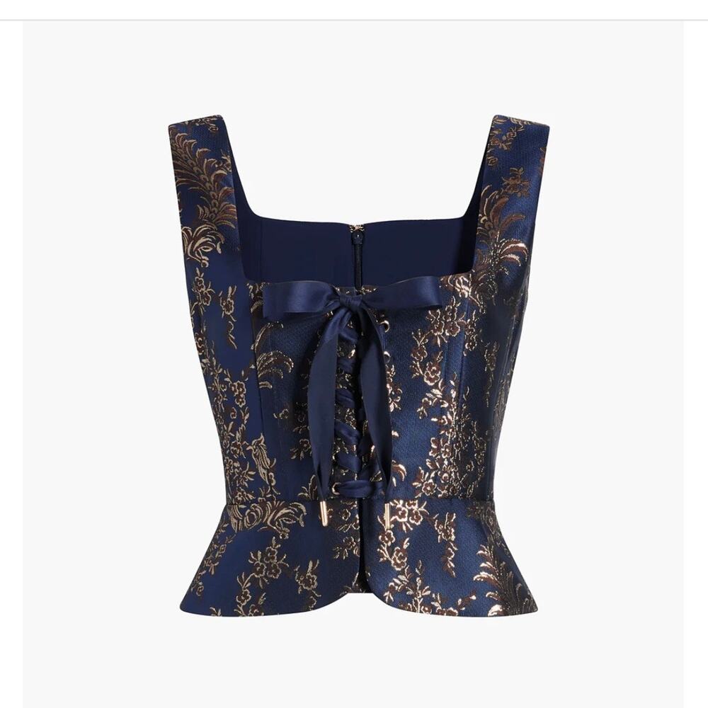 NWT Hill House The Birdie Top in Navy Bird Brocade Size XS